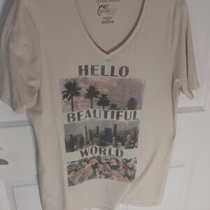Plus Size JMS V-Neck Creme short sleeve T-Shirt Hello Beautiful World 1X